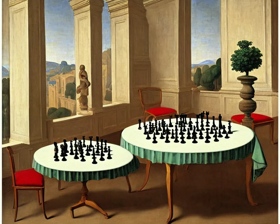 Prompt: an achingly beautiful print of a gallery teeming with old master paintings, classical antiquities, and potted plants. Featuring a modernist chess-set on a round table by Raphael, Hopper, and Rene Magritte. detailed, romantic, enchanting, trending on artstation.