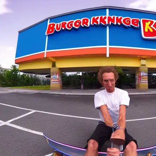 Image similar to kenny g skateboarding in a burger king parking lot, epic, cinematic, realism, ultra detailed, 8 k