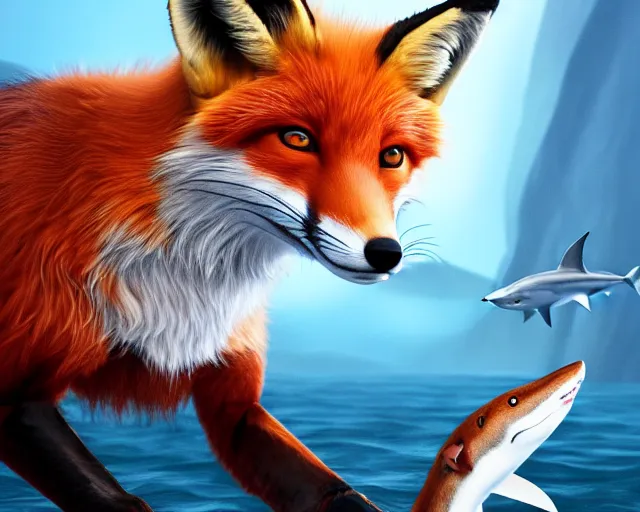 Image similar to a portrait of a fox with a shark in its mouth, cinematic, 8 k, raytracing, fantasy artwork, detailed, realistic