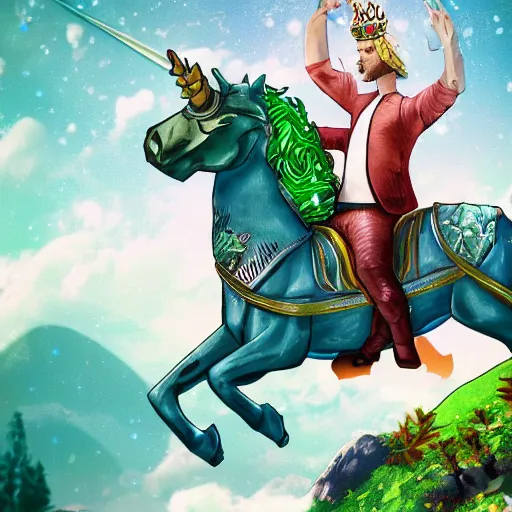 Prompt: pewdiepie riding a unicorn, pointing in the right direction, wearing a crown, green paradise landscape, vivid colors, pastelle, digital art, trending on artstation