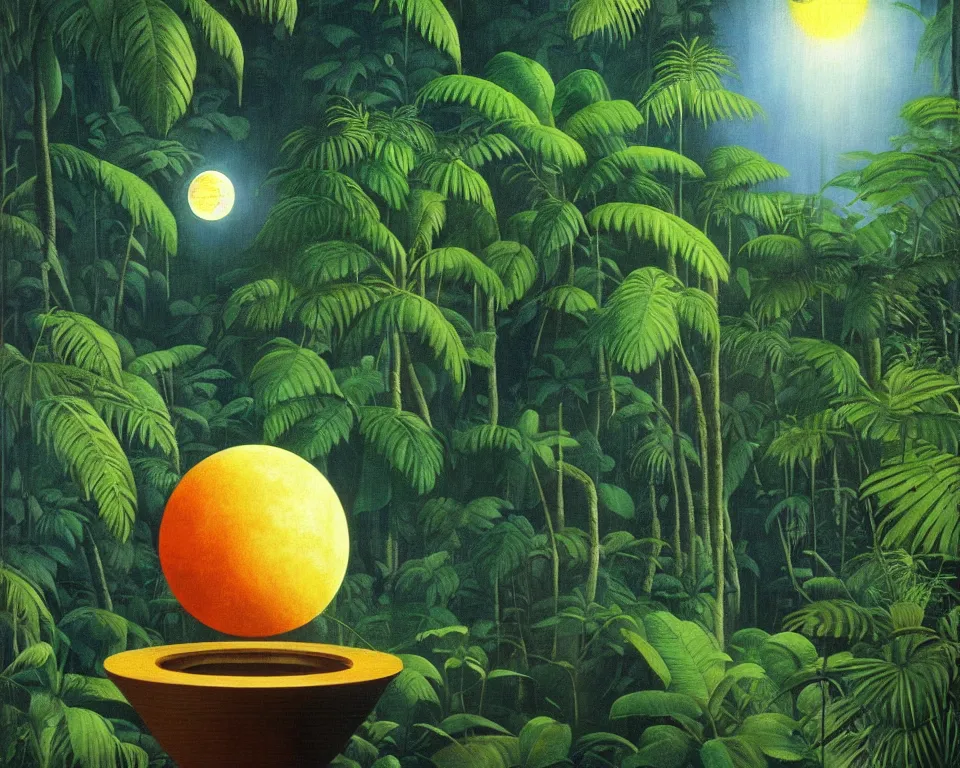 Prompt: an achingly beautiful print of the lunar lander in the middle of a tropical rainforest by Raphael, Hopper, and Rene Magritte. detailed, romantic, enchanting, trending on artstation.