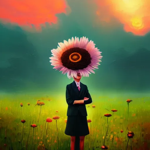 Prompt: giant daisy flower face, frontal, girl in a suit, surreal photography, sunrise, dramatic light, impressionist painting, digital painting, artstation, simon stalenhag