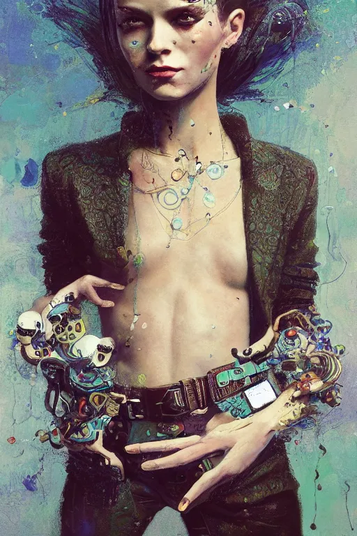 Image similar to an epic non - binary model, subject wearing a belt made out of computer mice, flowing, ornate, beautiful, intricate, muted tonal colors, with few ultramarine highlights, by jeremy mann and ilya kuvshinov, jamie hewlett, 8 0 mm lens, trending on artstation, oil on canvas