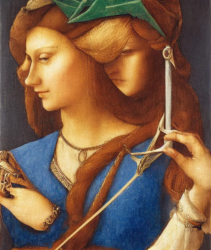Image similar to oil painting half-length portrait of Princess Zelda holding a bow by Leonardo da Vinci