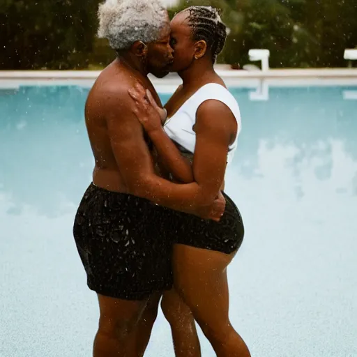 Prompt: african american man and blonde woman kissing in the rain at a pool.