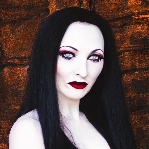 Image similar to dslr portrait photo of morticia addams, f 2. 8, iso 4 0 0,, 4 k, photorealistic, cinematic, masterpiece,