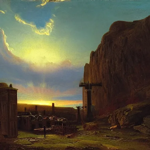 Prompt: a beautiful painting of a whisky distillery beneath arthur's seat edinburgh, by Carl Gustav Carus, by Frederic Edwin Church, by Thomas Cole, golden hour, trending on arstation