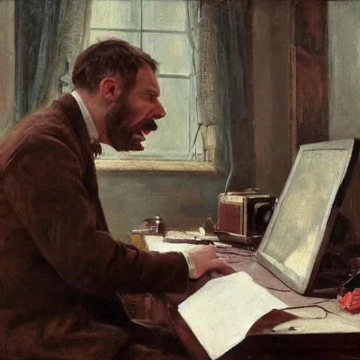 Image similar to an angry man yells at his computer monitor, oil on canvas, 1 8 8 3, highly detailed