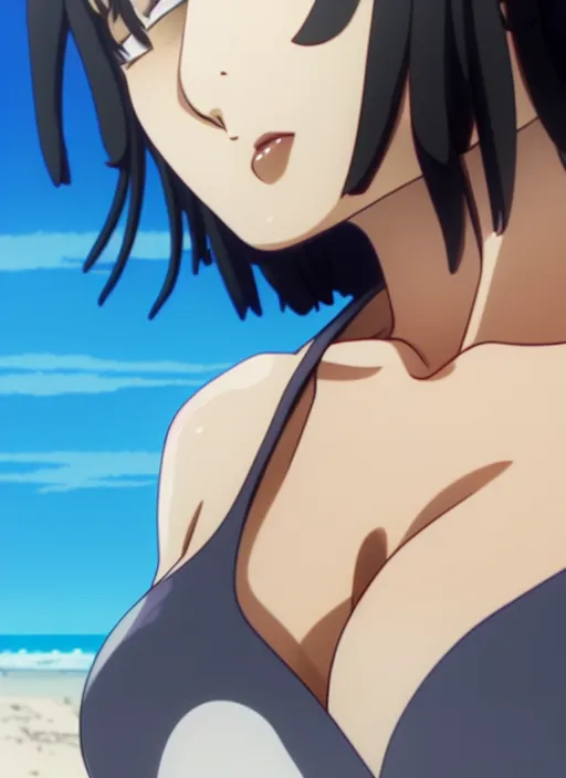 Image similar to film still portrait of fubuki from one punch man, wearing two - piece swimsuit, closeup at the faces, ilya kuvshinov, finely detailed feature, anime, deroo, pixiv top monthly, trending on artstation, cinematic, danbooru, zerochan art, kyoto animation