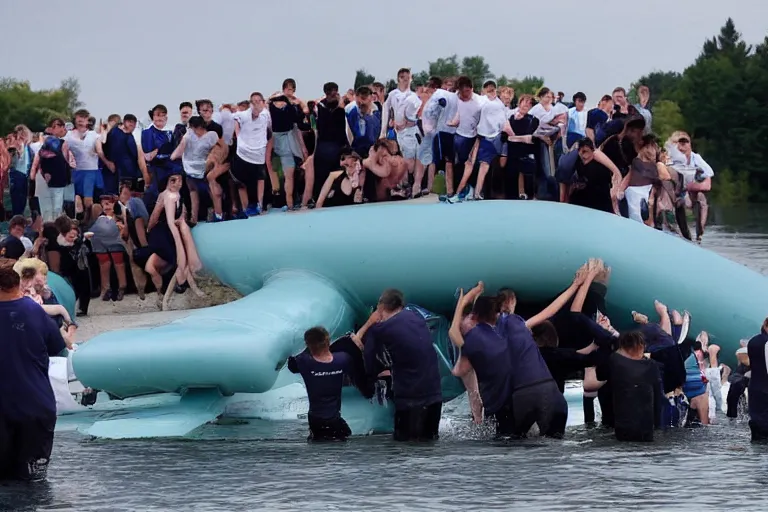 Image similar to Group of teenagers push Rolls-Royce into lake with their hands from a small slide wanting to drown him