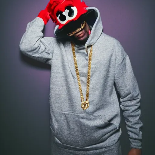 Prompt: Elmo from sesame street dressed up as a mega stylish rapper, wearing a hoodie and gold chain and backwards hat, in New York City, highly detailed, 4K, moody lighting, 90’s vibe, 3d render, octane redshift, 8k