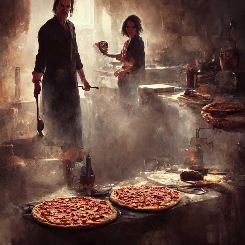 Image similar to a portrait of nick cave baking pizza, eerie colors, dramatic light, gorgeous view, depth, high detail, digital art, painted by greg rutkowski and seb mckinnon, trending on artstation