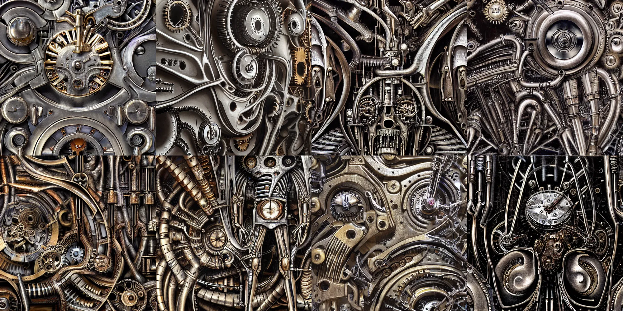 Prompt: closeup of metal clockwork mural,biomechanical, mechanical by h.r giger, giger, highly detailed, soft lighting, 8k resolution, oil on canvas