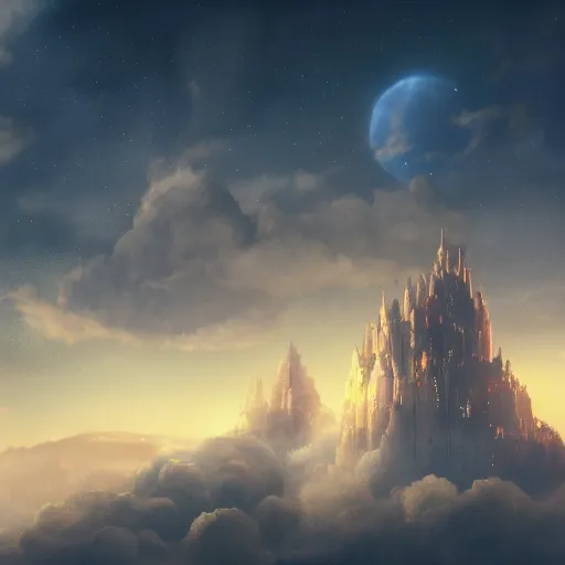 Prompt: beautiful cloud city high in the sky, fluffy clouds, fantasy, epic landscape, cinematic, octane render, art station, dramatic lighting, beautiful moonlight night, concept art, rococo, photorealistic, intense detail, 8 k