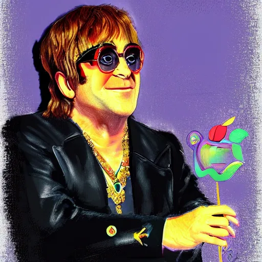 Image similar to elton john lennon in an apple outfit, gucci catwalk, oil painting, digital painting, ultradetailed, artstation