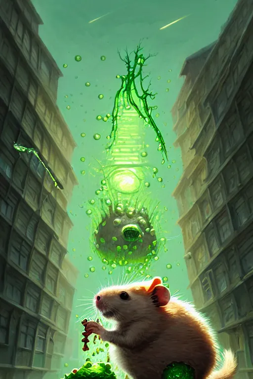 Prompt: a detailed illustration of a giant hamster monster destroying a school, green slime dripping from the hamster, intricate, horror, highly detailed, digital painting, trending on artstation, smooth, sharp focus, illustration, art by greg rutkowski, loish, rhads, makoto shinkai and lois van baarle, ilya kuvshinov, rossdraws