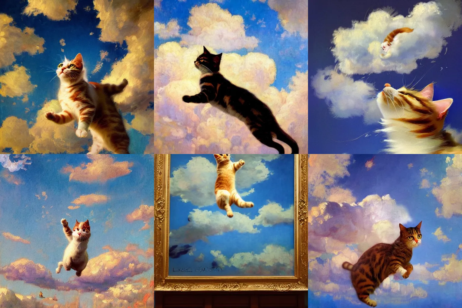 Prompt: An impressionist painting of a jumping cat under the sky, by (Ross Tran, Norman Rockwell, Leonardo da Vinci), beautiful clouds, whole cat body, strong facial features, Trending on Artstation