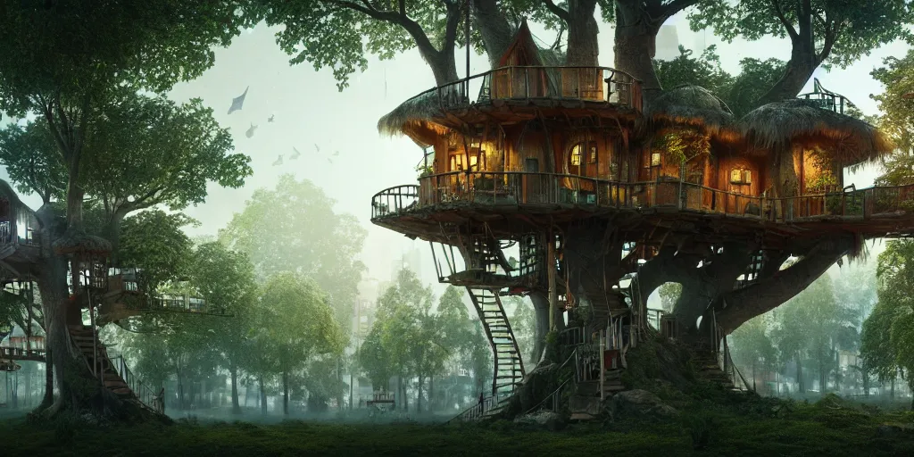 Prompt: a treehouse city, highly detailed, 8 k, hdr, award - winning, octane render, artstation, volumetric lighting