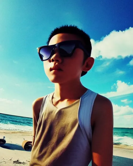 Image similar to low angle iphone HDR photo of beautiful swag Iwakura Lain as a fit slender skateboard kid on the beach wearing rayban shades in Florida, 35mm, cinematic, trending on Instagram, trending on ArtStation, by WLOP, 8k, 4k, HD