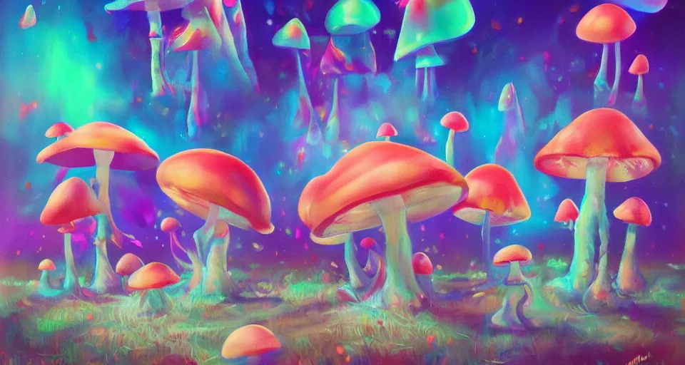 Image similar to a beautiful painting of trippy mushrooms by Tokio Aoyama, Mario Martinez, David Normal. photo-real, trending on artstation, dramatic lighting, minimal background.