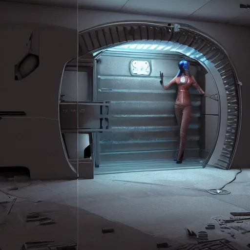 Image similar to cryogenics chamber concept with woman inside. maya, 3 ds max, photoshop, vray, sky - fi, concept art, matte painting, unreal engine