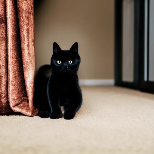 Prompt: a black cat splooting on a cream carpet in front of a brown couch with its eyes unfocused and its tongue out, photography, realistic, cute, adorable
