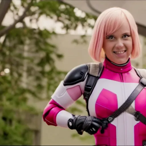 Image similar to A still of Gwenpool in Deadpool 3 (2023), blonde hair with pink highlights, no mask, white and light-pink outfit, smiling and winking at the camera