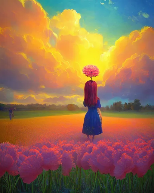 Image similar to girl with a giant carnation as face, surreal photography, flower field, sunset dramatic light, impressionist painting, colorful clouds, blue sky, digital painting, artstation, simon stalenhag