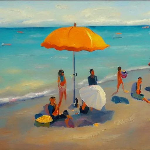 Image similar to a painting of people on a beach with umbrellas, birdseye view, a painting by Sally West, featured on tumblr, action painting, oil on canvas, painterly