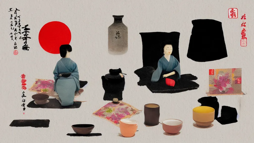 Prompt: a small tea ceremony, japan, a collage painting, in the style of wes anderson, lola dupre, david hockney, isolated on negative white space background dark monochrome neon spraypaint accents volumetric octane render