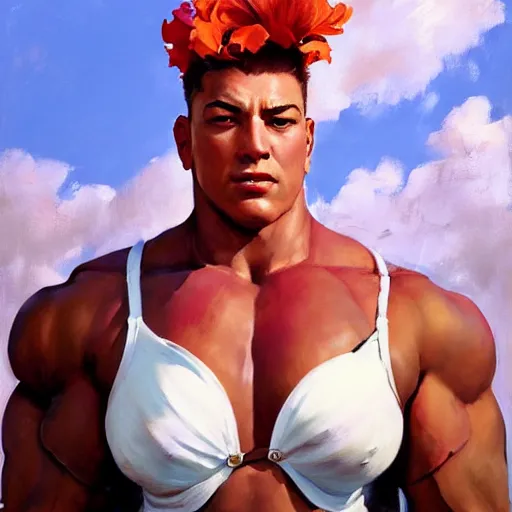 Prompt: greg manchess portrait of hibiscus - man as roided thick muscular weightlifter zarya from overwatch fantasy medium shot, asymmetrical, profile picture, organic painting, sunny day, matte painting, bold shapes, hard edges, street art, trending on artstation, by huang guangjian and gil elvgren and sachin teng