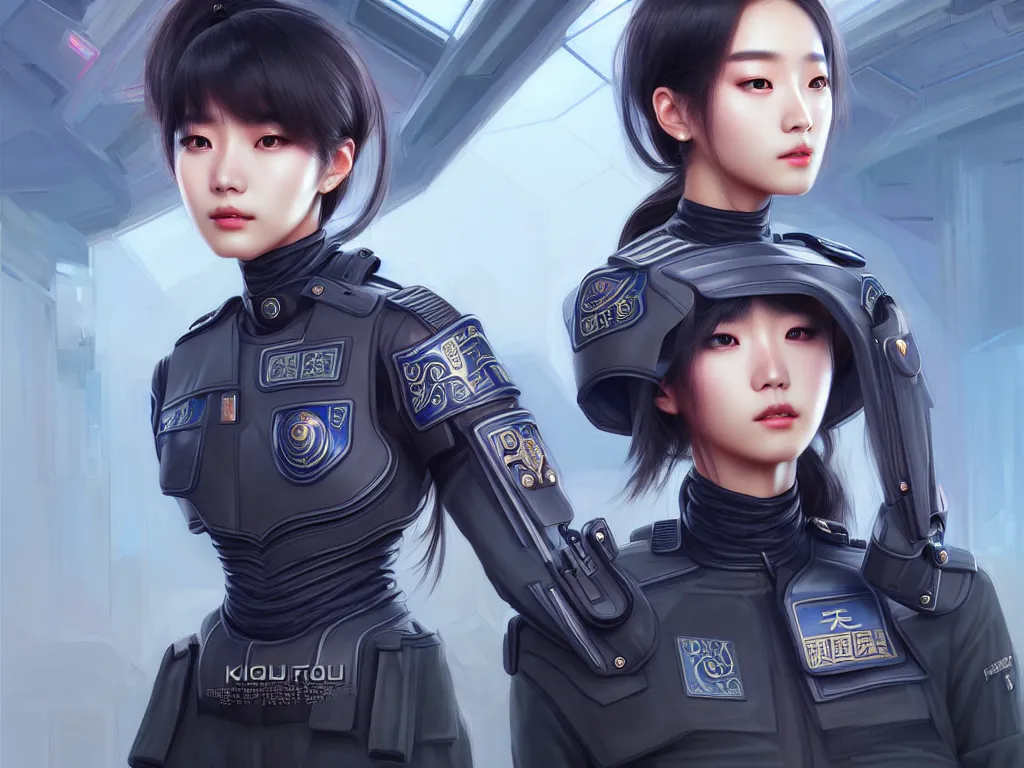 Image similar to portrait jisoo, futuristic koeran police uniform female, at future neon light rooftop, ssci - fi and fantasy, intricate and very very beautiful and elegant, highly detailed, digital painting, artstation, concept art, smooth and sharp focus, illustration, art by tan zi and ayanamikodon and alphonse mucha and wlop