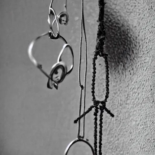 Prompt: This is a sketch of a wind chime made from the pieces of a broken mug. It shows the mug handle as the top piece with strings attached to it, and the bottom pieces of the mug hanging down like little bells, iso 300, f-stop 1.5, Pentax