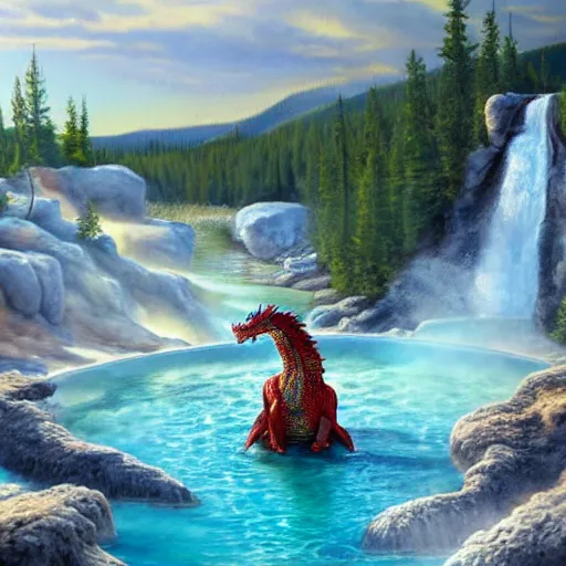 Image similar to dragon sitting in a hotspring at yellowstone national park, highly detailed oil painting, featured on artstation