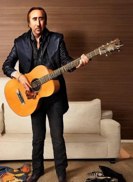 Prompt: nicolas cage, playing guitar while standing on a table