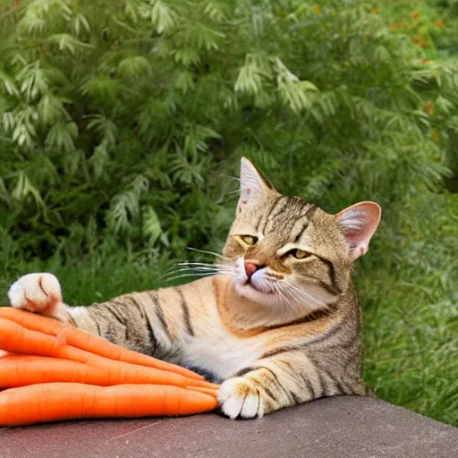 Image similar to big tabby cat with white paws biting a carrot