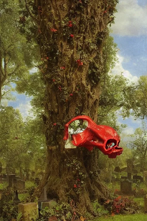 Prompt: a giant red skull in a magnificent crown fly along a cemetery along a path near a church in Manchester england, overgrown, weeds and ivy on the graves, an old twisted tree, a high stone wall, lawrence alma-tadema