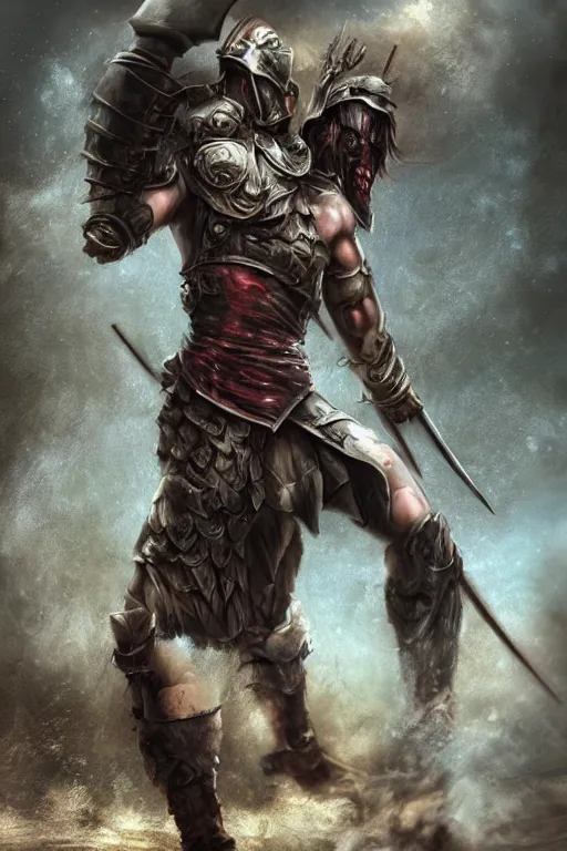 Prompt: aesthetic digital illustration of a defeated male warrior surrendering to the enemy, by anne stokes | dirty and bloody, battlefield, character concept, concept art, unreal engine, finalrender, centered, deviantart, artgerm