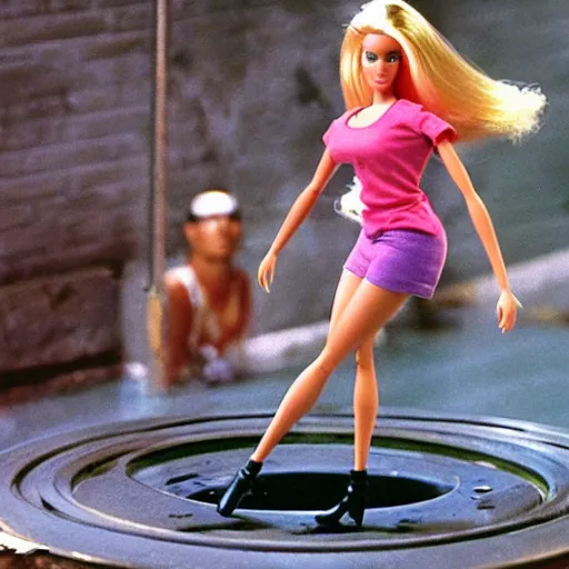 Image similar to cctv footage of 6 ft tall barbie fighting american soldiers in the sewers in the style of movie poster