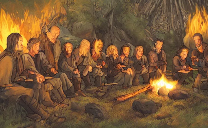 Image similar to illustration of the fellowship of the ring making s'mores around a campfire