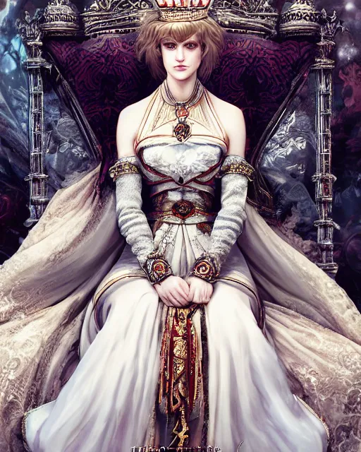 Prompt: character portrait of white queen alexandra daddario with gorgeous detailed eyes sitting on a throne, color page, tankoban, 4 k, tone mapping, doll, akihiko yoshida, james jean andrei riabovitchev marc simonetti, yoshitaka amano, willowy frame