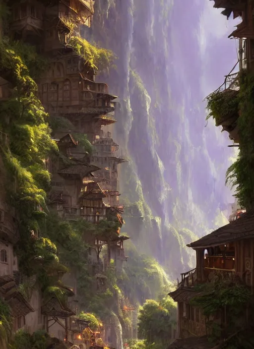 Image similar to medieval city built on terraces in a gigantic canyon, lots of buildings connected by suspension bridges, waterfalls, warm glow coming the ground, lush vegetation, pitchblack sky, extremly detailed digital painting, in the style andreas rocha and greg rutkowski and peter mohrbacher, rim light, beautiful lighting, 8 k, stunning scene, octane, trending on artstation