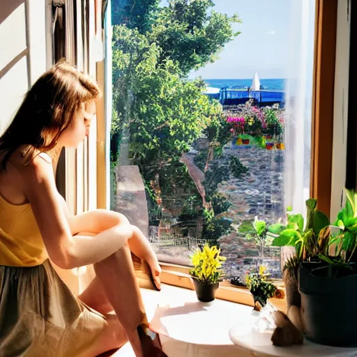 Image similar to a thin, pretty young Romanian girl sits near the window of a cute seaside Cafe with an espresso, golden morning light, cozy, plants, Spirited Away