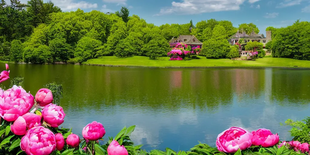 Prompt: summer manor with peony flowers and lake, bokeh