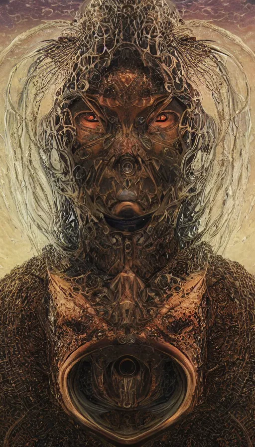 Prompt: Elden Ring themed painting of interstellar etehereal beautiful angel symmetrical face mask armor pattern concept, infinity glyph, intricate artwork by, Johnatan Wayshak, Zdizslaw Beksinski, Ayami Kojima, Amano, Karol Bak, Greg Hildebrandt, and Mark Brooks, Neo-Gothic, gothic, rich deep colors, art by Takato Yamamoto, masterpiece, face by Artgerm, H.R. Giger, very coherent artwork, cinematic, hyper realism, high detail, octane render, unreal engine, 8k, High contrast, golden ratio, trending on cgsociety, ultra high quality model, production quality cinema model