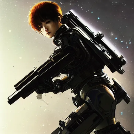 Image similar to award winning, extremely photorealistic, bokeh, beautiful detail, stars in the sky, cybernetic, sci-fi space game art, jeon Jungkook holding a gun. alien planet art by Akihito Yoshitomi AND Yoji Shinkawa AND Greg Rutkowski, Mark Arian trending on artstation