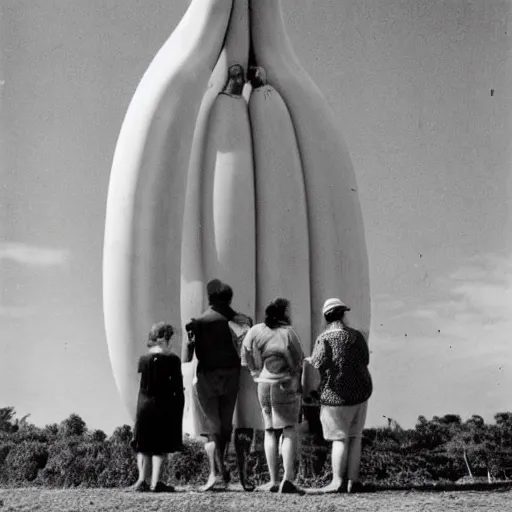 Prompt: The world's largest banana, there are people standing next to the banana depicting its scale, photo taken on a ww2 camera.