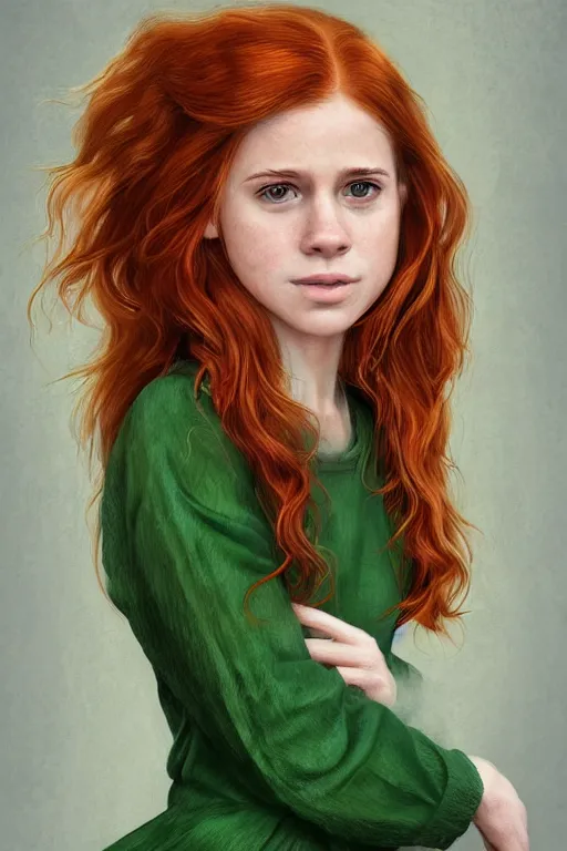 Image similar to ultra realistic style illustration of a beautiful cute red haired playful joyful teen girl in a green dress, long hair, face of young kate mara, sci - fi, intricate, elegant, digital painting, artstation, concept art, smooth, sharp focus, illustration, 8 k frostbite 3 engine, ultra detailed, art by artgerm and greg rutkowski and magali villeneuve