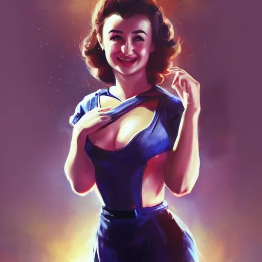 Prompt: Portrait of Milana Vayntrub as the heroine of a 1950s sci-fi movie poster art by Ruan Jia and Mandy Jurgens and Artgerm and william-adolphe bouguerea, highly detailed, trending on artstation, award winning,