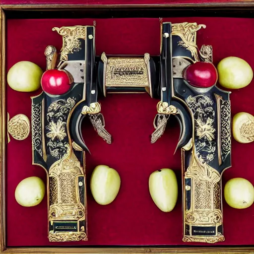 Prompt: an elegant set of victorian dueling pistols decorated with an apple theme, in a velvet lined case